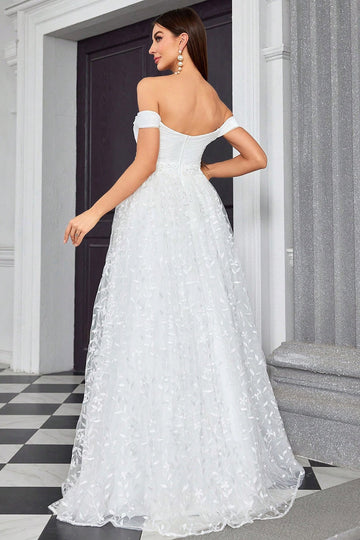 Off The Shoulder A Line Elfenben Kjæreste Lang Brudekjole